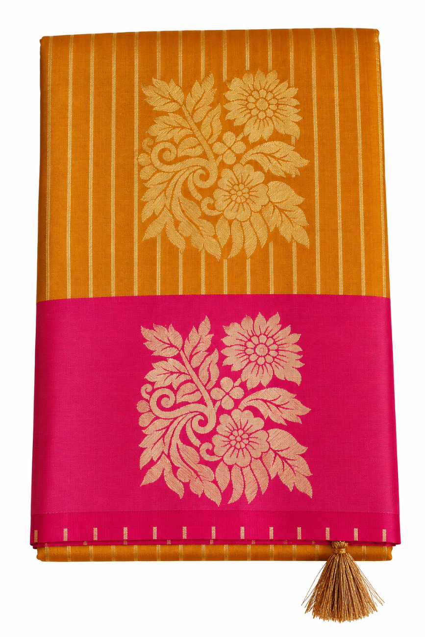 Mustard gold with rani pink luxuary silk saree