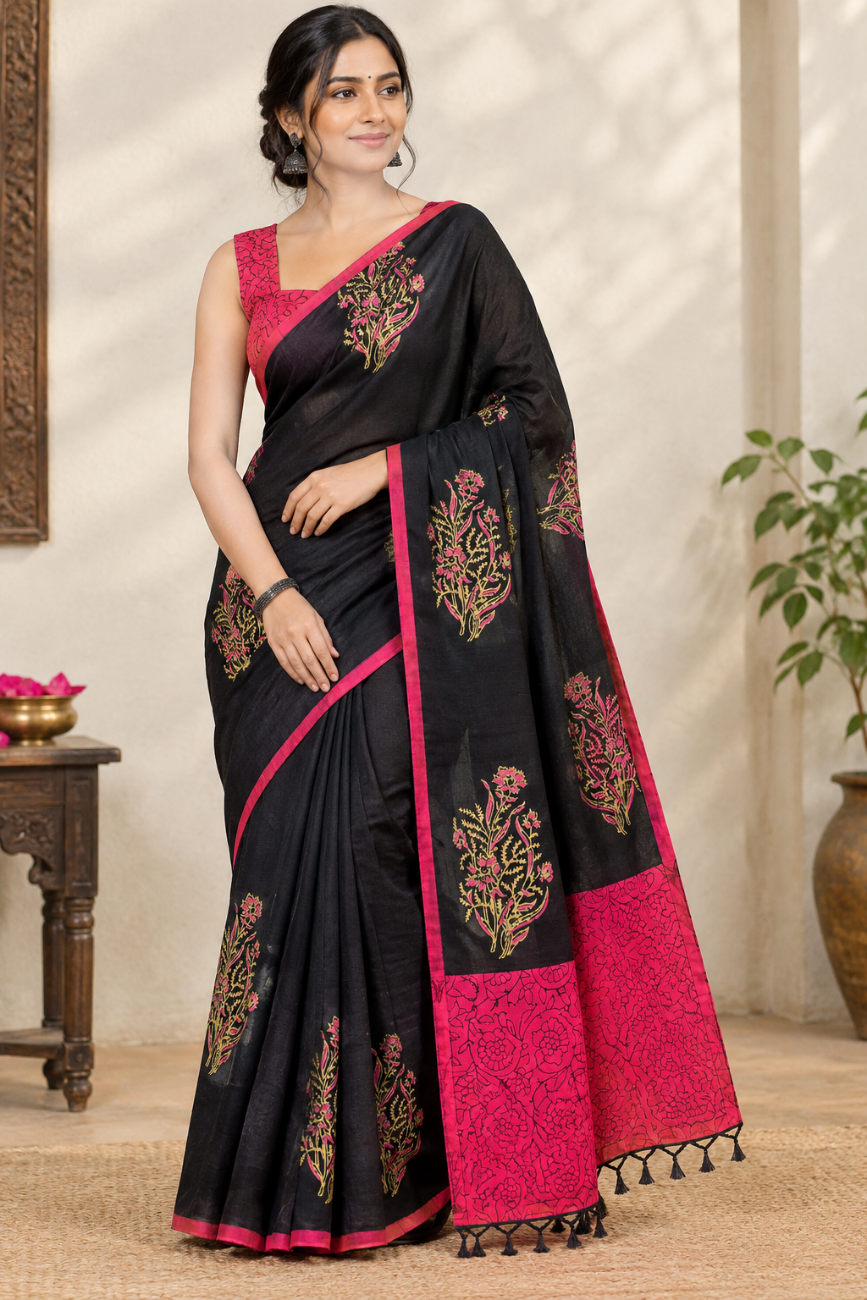 Black with pink mixed South Cotton saree