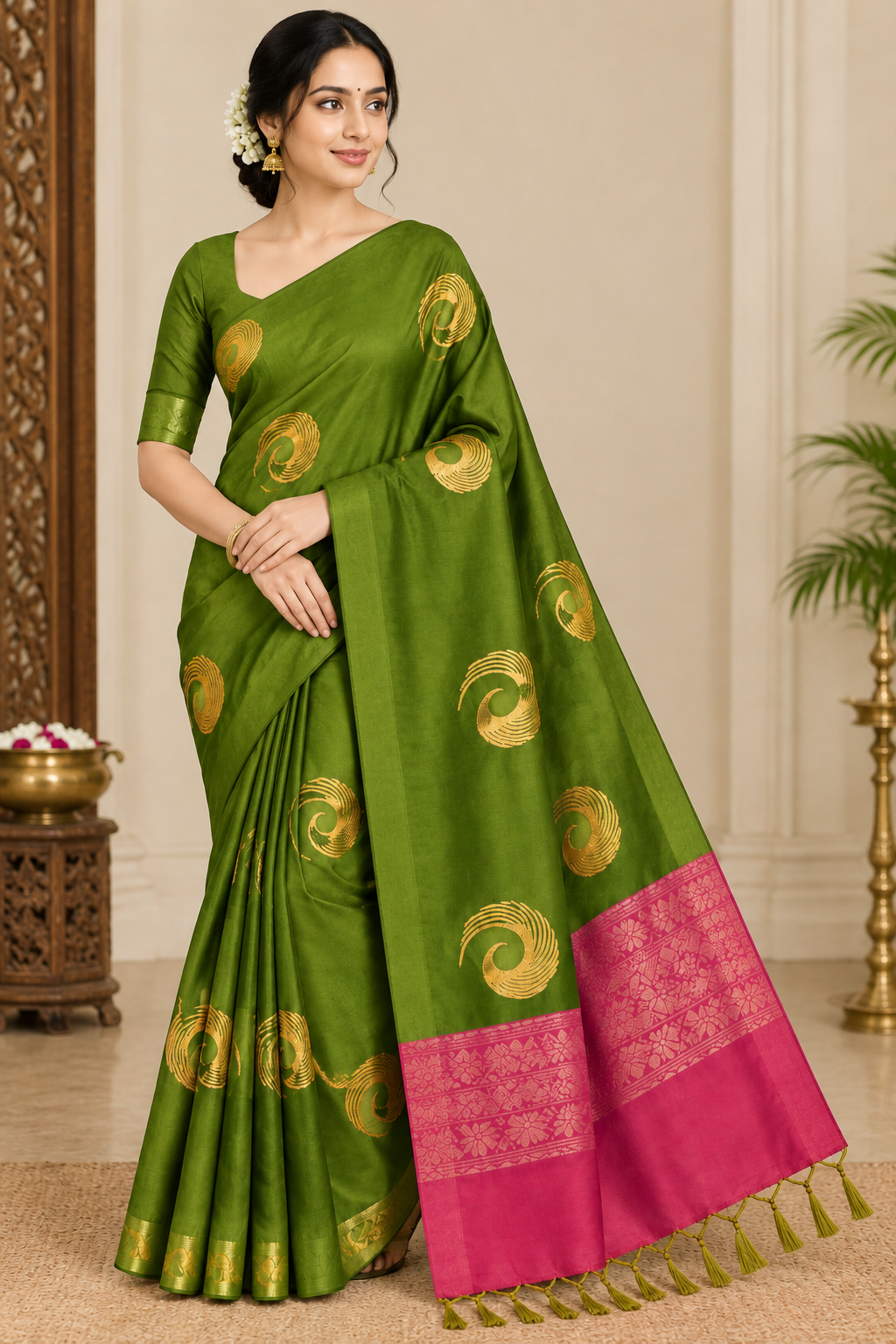 Olive Green With Gold Pink Pallu soft silk saree