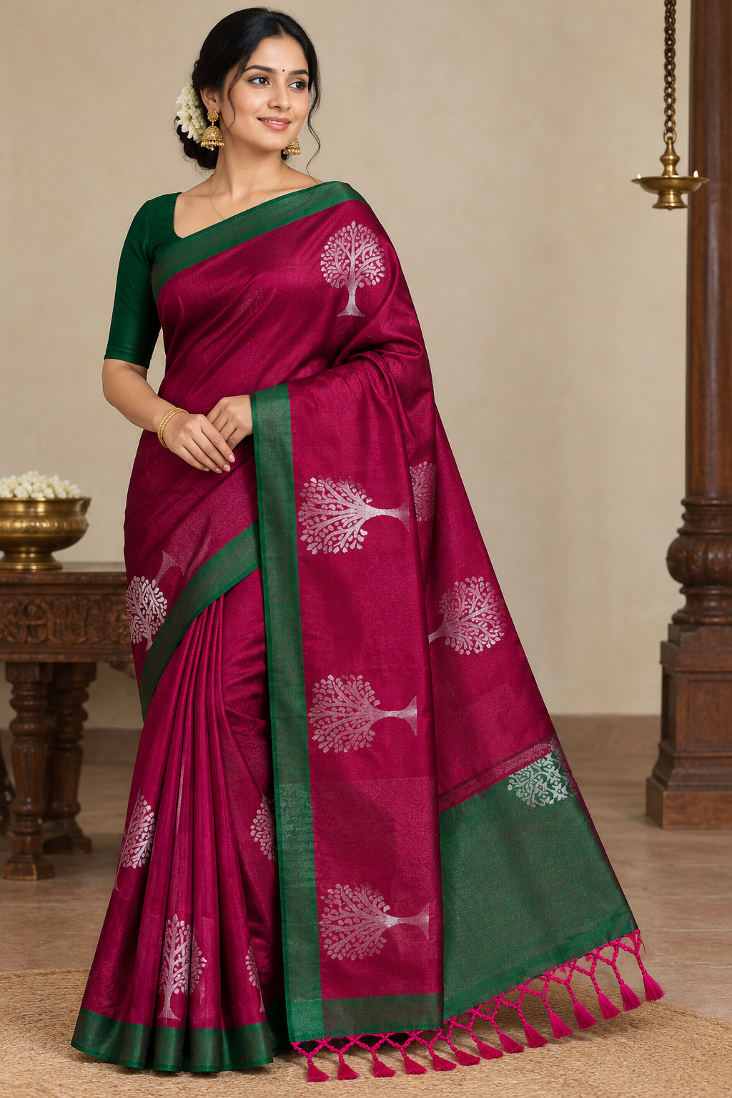 Deep Maroon with Green Soft silk Saree