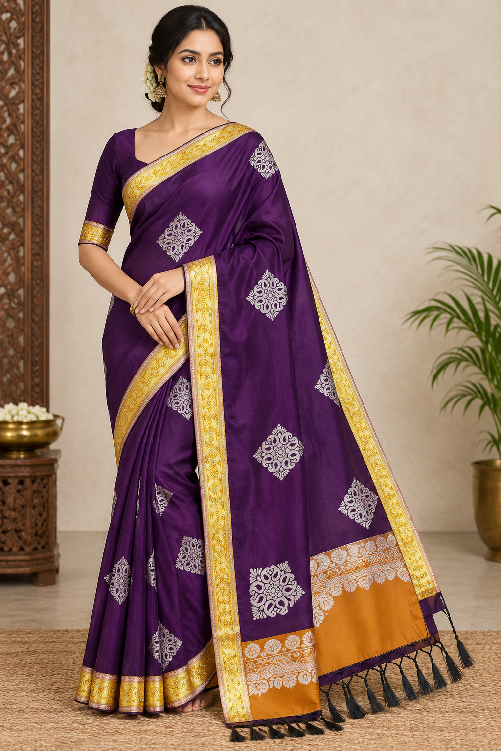 Deep Purple With Golden Soft Silk Saree
