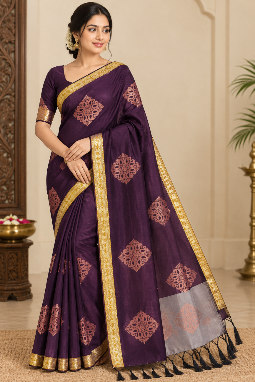 Deep Purple With Rose Gold Soft Silk Saree