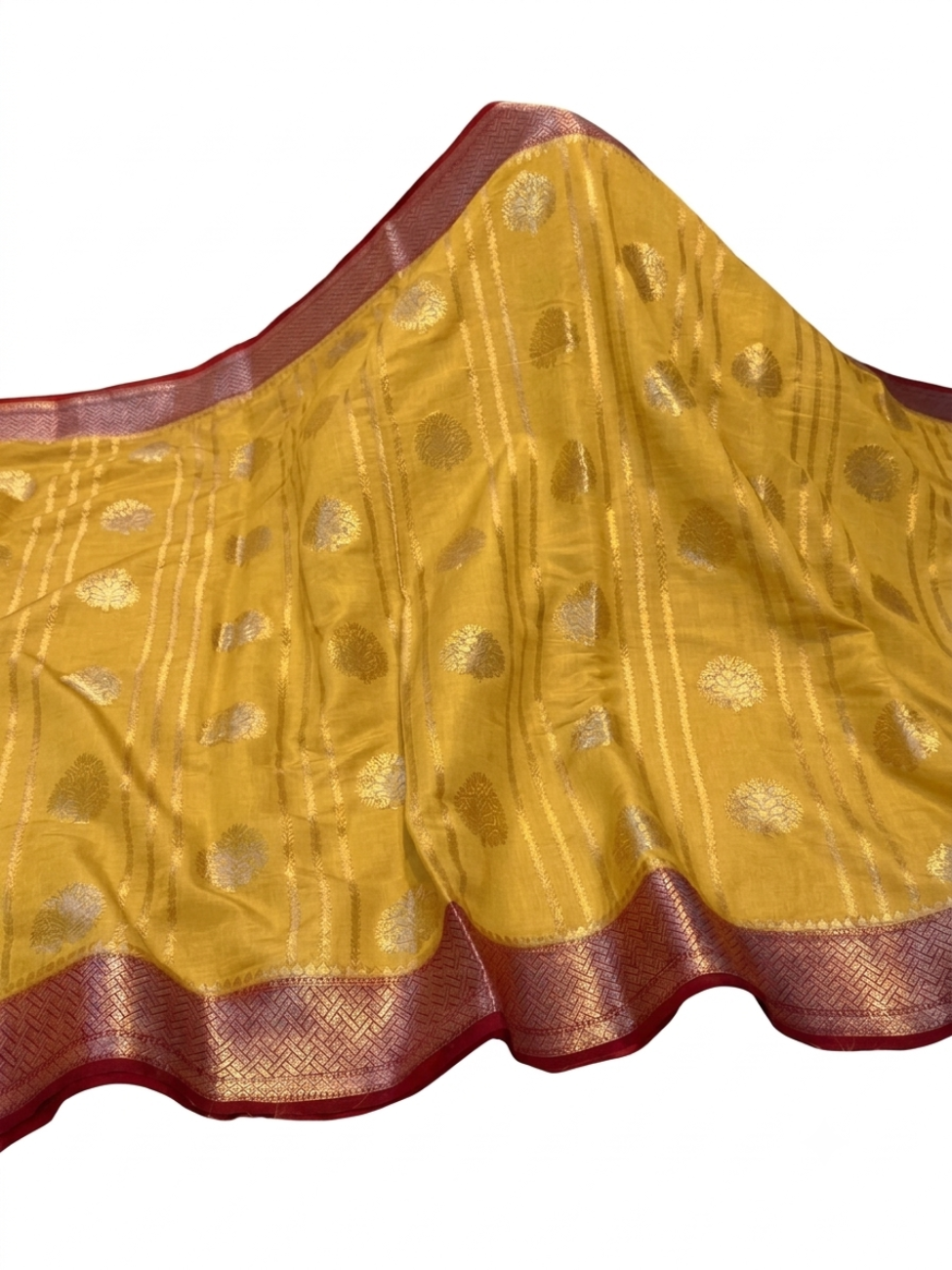 Mustard yellow with maroon color banarasi soft dupion silk saree