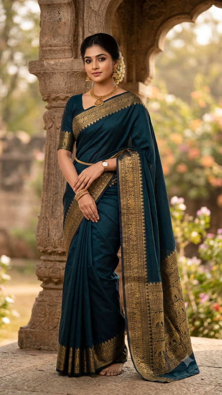 Deep Navy Blue Irattapatta cotton saree