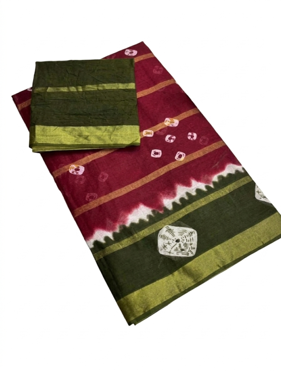 MAROON WITH GREEN COLOR 10PATTI MIXED COTTON SAREE