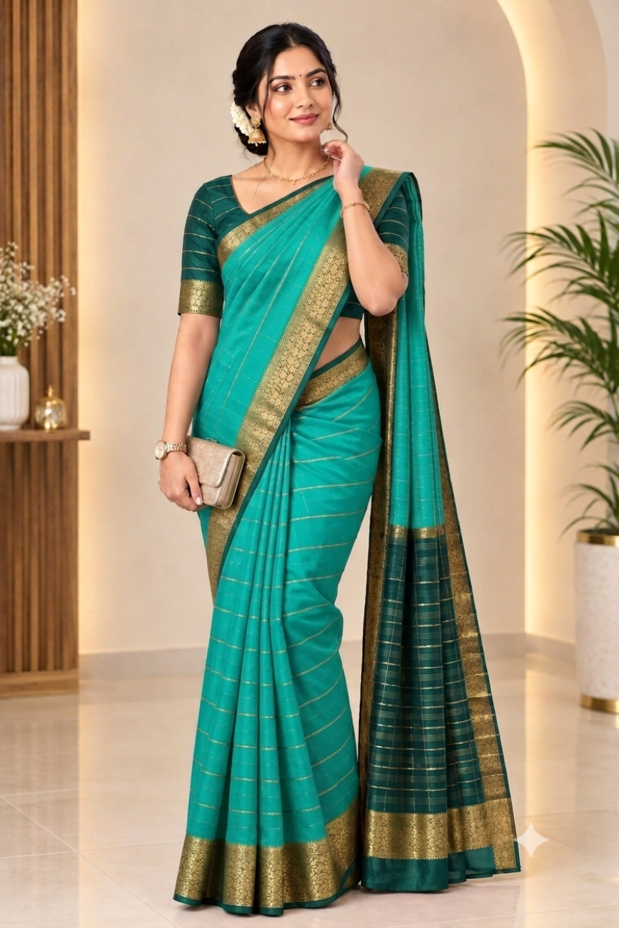 Turquoise green with dark green mysore silk saree