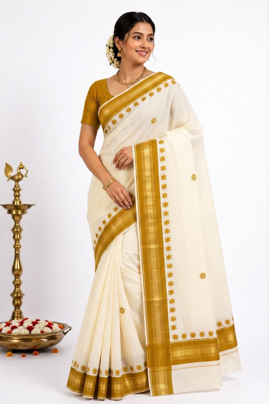 kerala kasavu saree with olive gold color printed designs