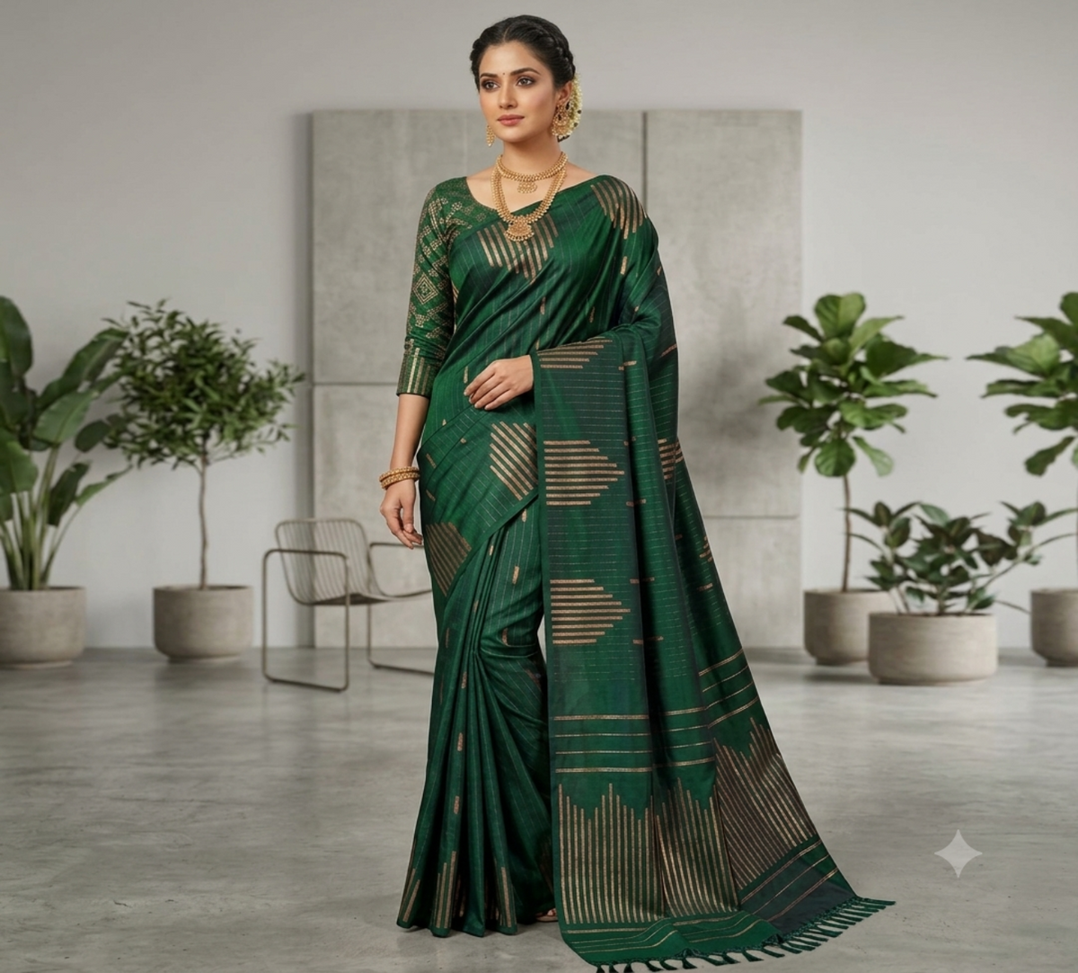Bottle Green With Gold Zari Aarni Temple Border Silk Saree