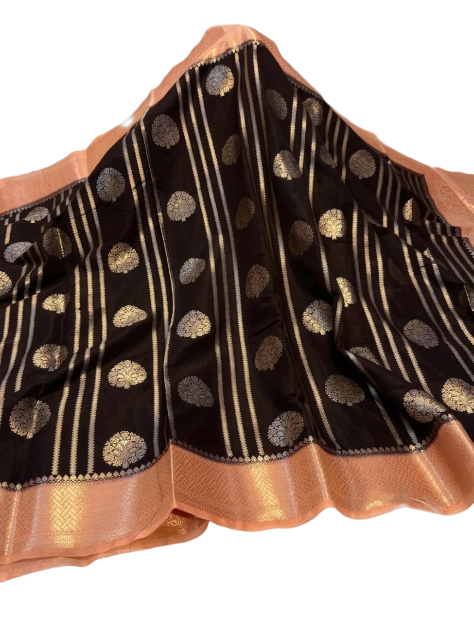 Black with peach pink color Banarasi soft dupion silk saree