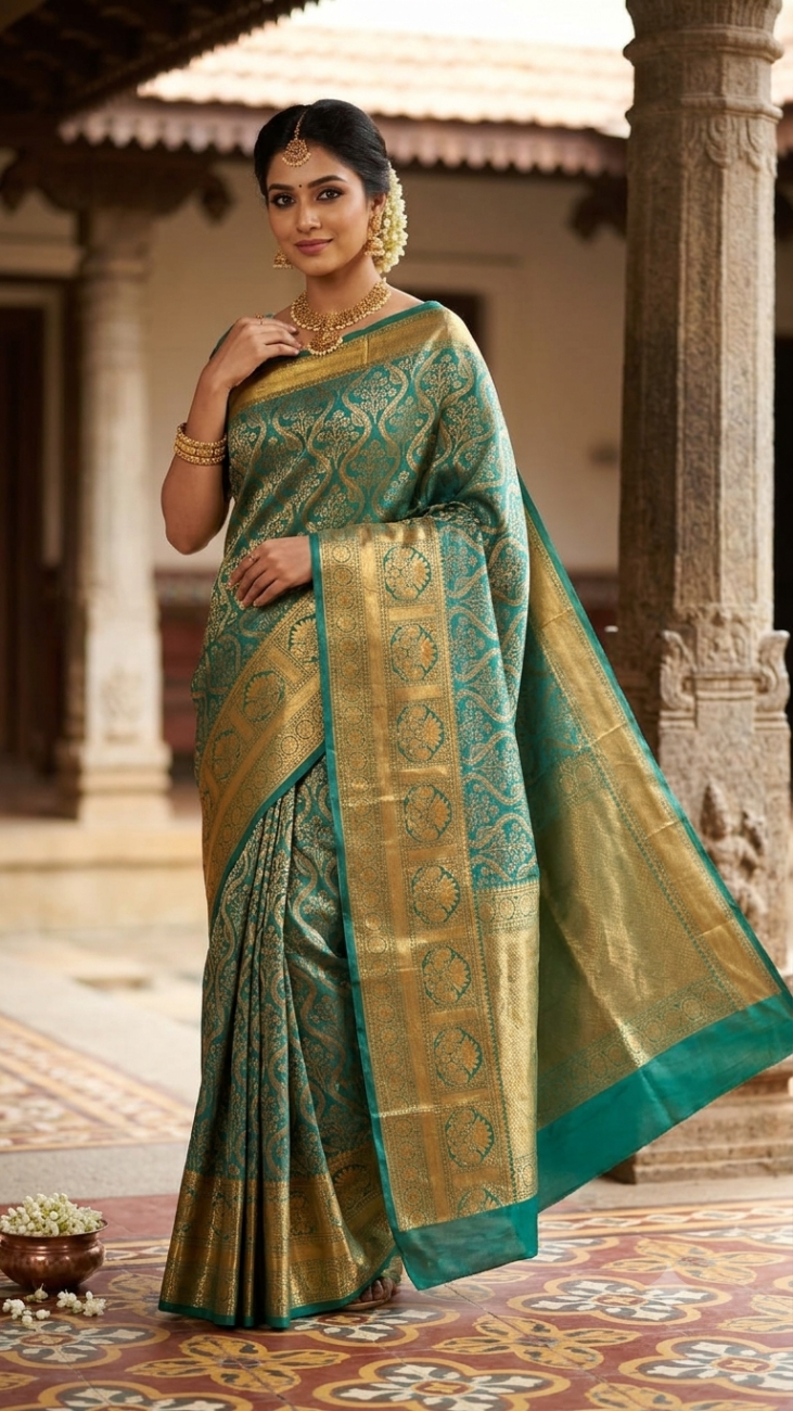 Peacock With Gold Zari Semi Kanchipuram Silk Saree
