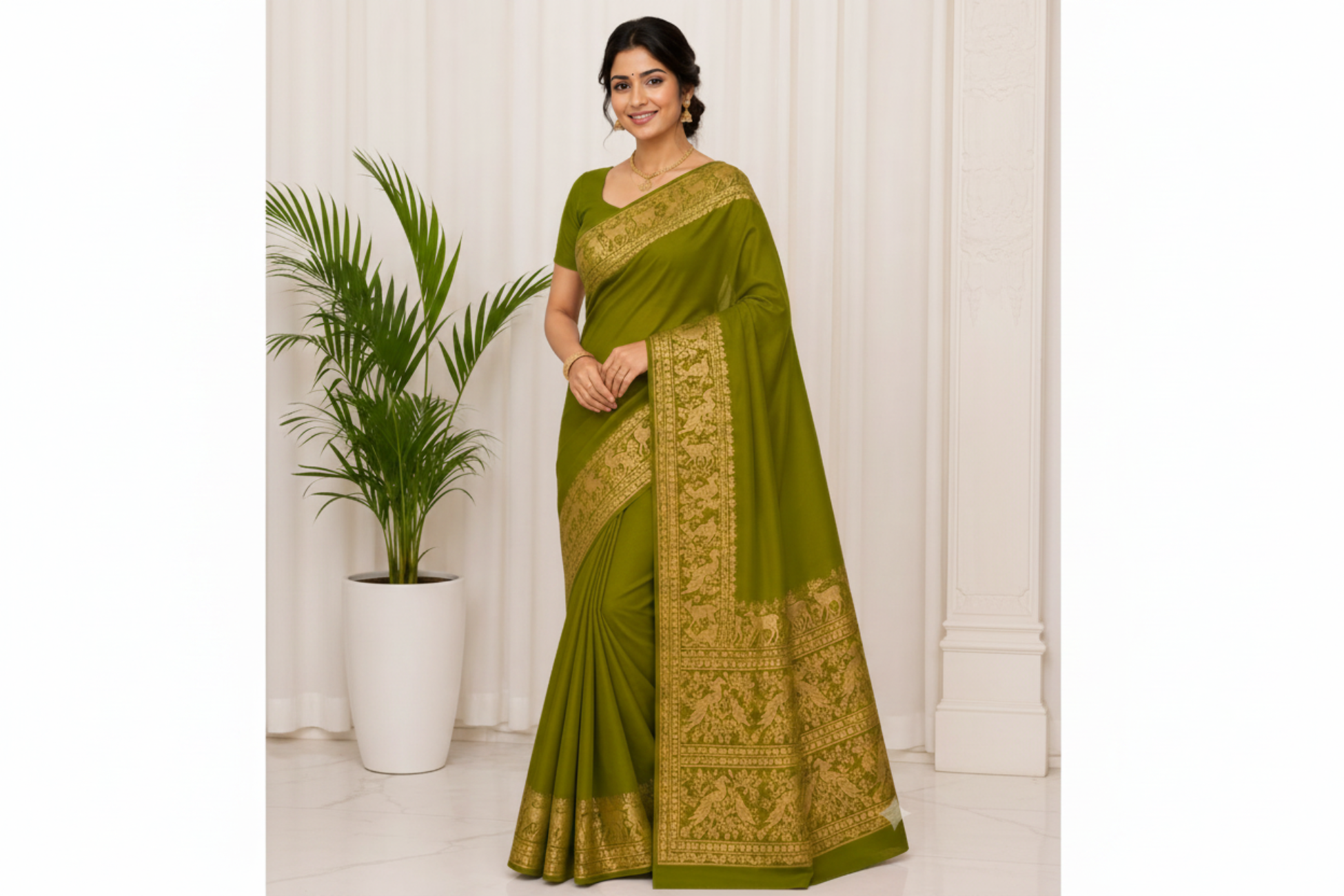 Olive green color pure mysore silk saree