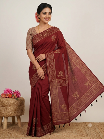 Maroon with Beige Printed Blouse South Cotton Saree