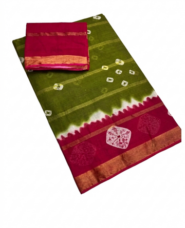 PARROT GREEN WITH MAROON COLOR 10 PATTI MIXED COTTON SAREE