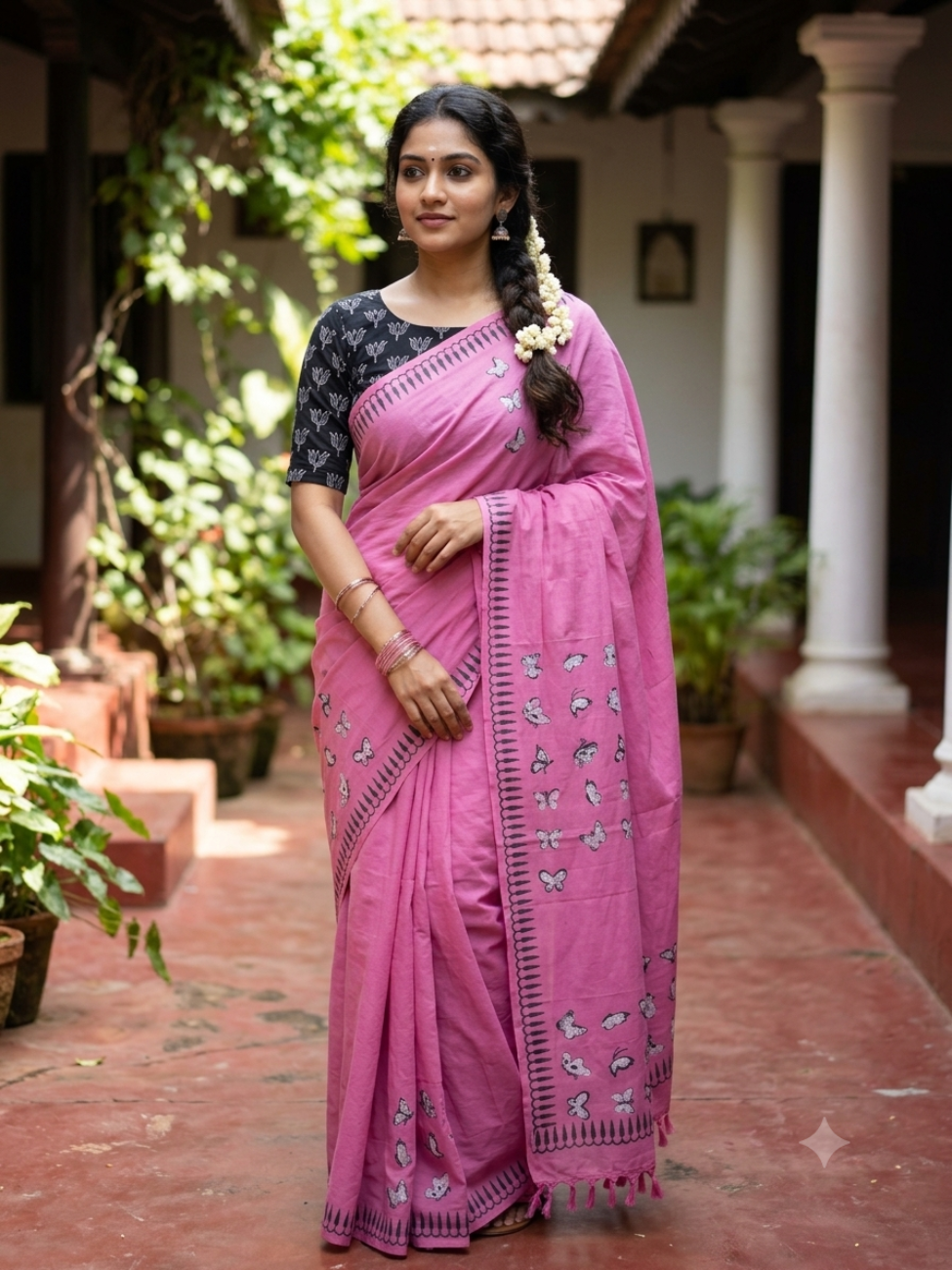 Pink With Black and White South Cotton Saree