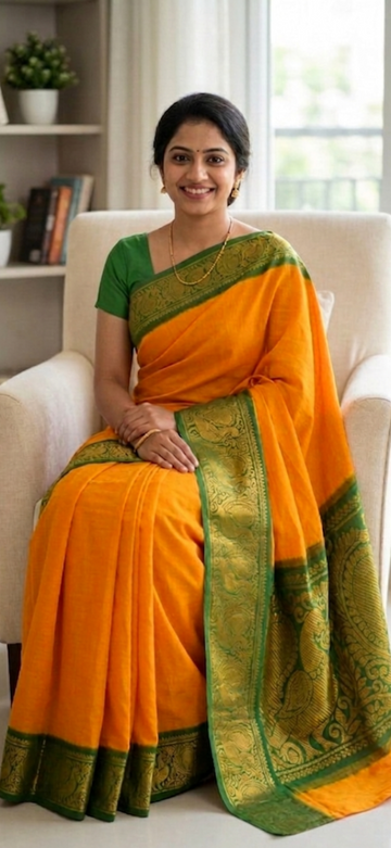 MANGO YELLOW WITH GREEN BORDER MAYURI PURE COTTON SAREE