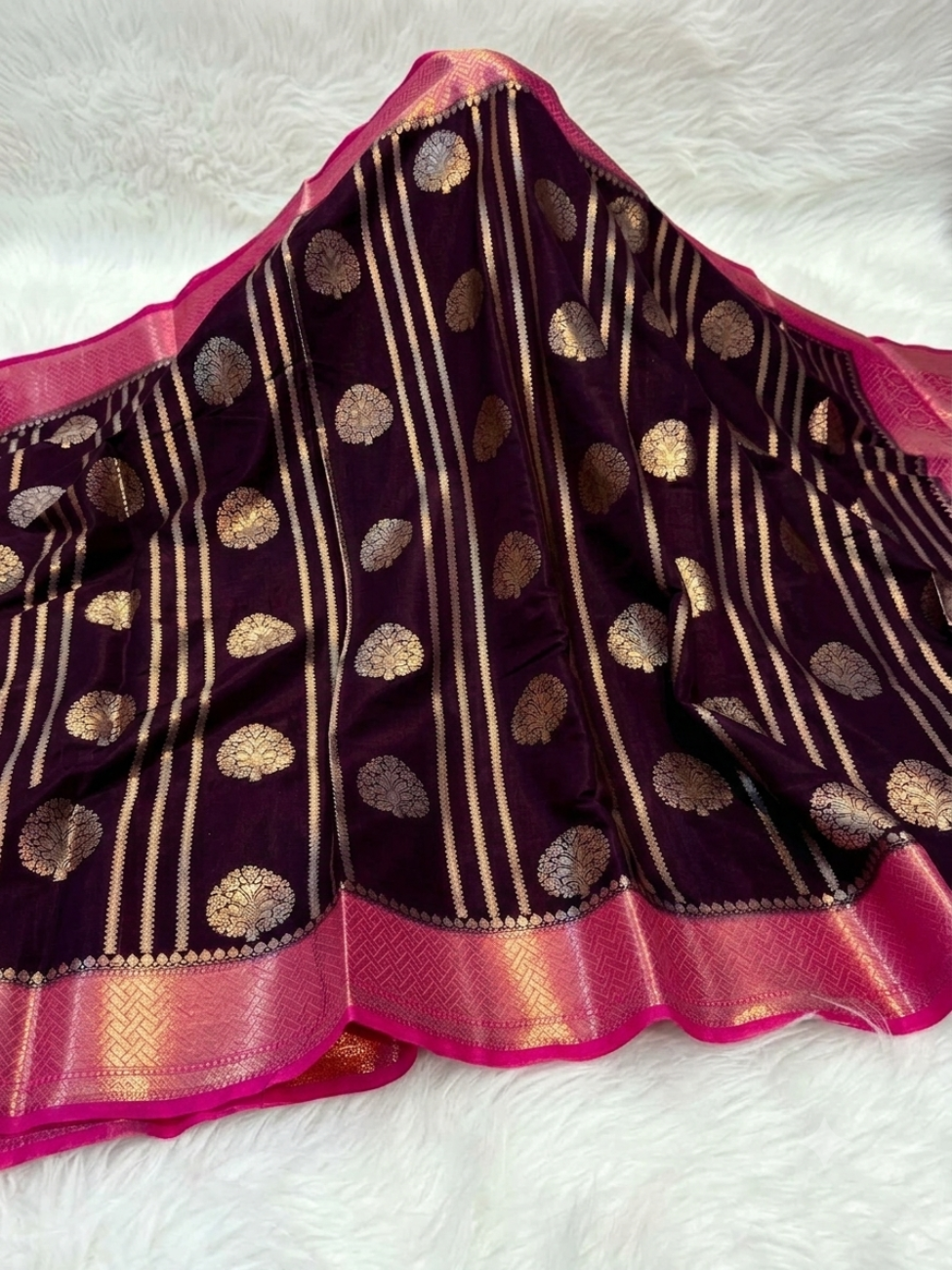 Deep purple with rani pink banarasi soft dupion silk saree