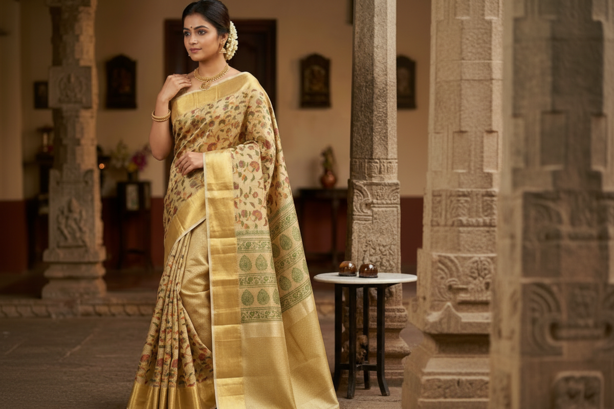 Metalic gold with green color banarasi soft printed tissue silk saree