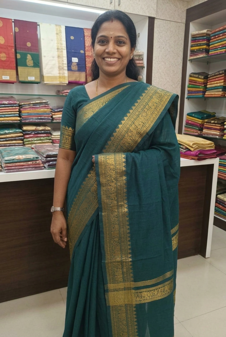 Peacock Green Gold Zari Irattapatta Cotton Saree