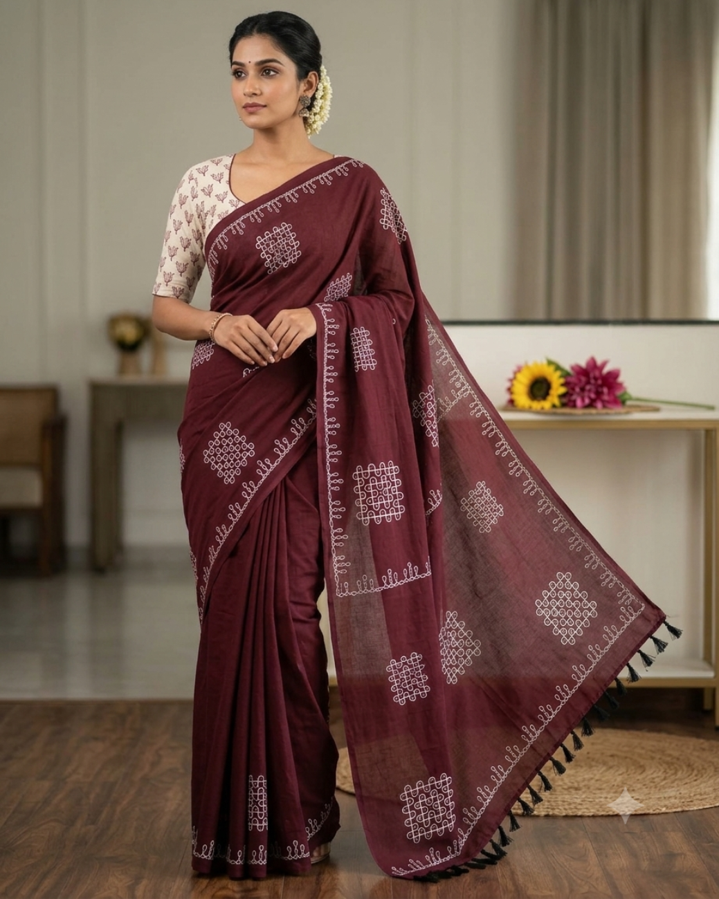 Deep Maroon With White Kolam print South Cotton Saree