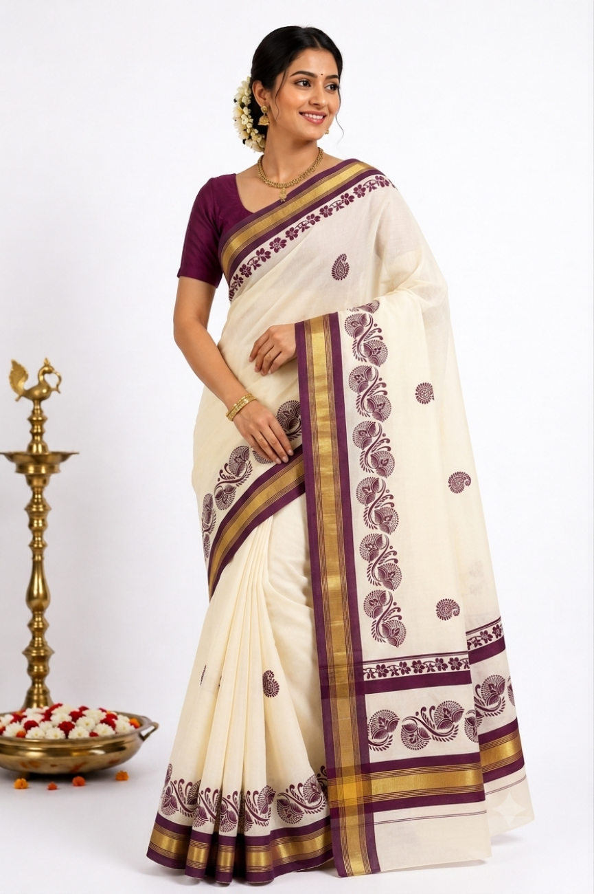 kerala kasavu saree with coffee brown color printed designs