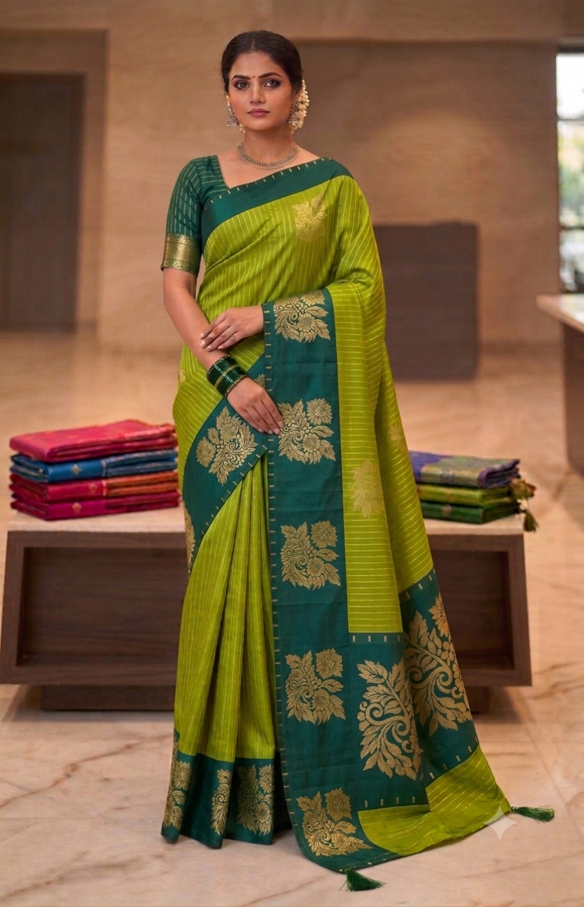 Olive green with bottle green luxuary silk saree