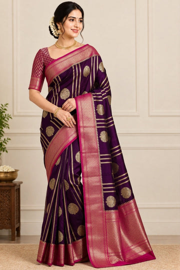 Deep purple with rani pink banarasi soft dupion silk saree