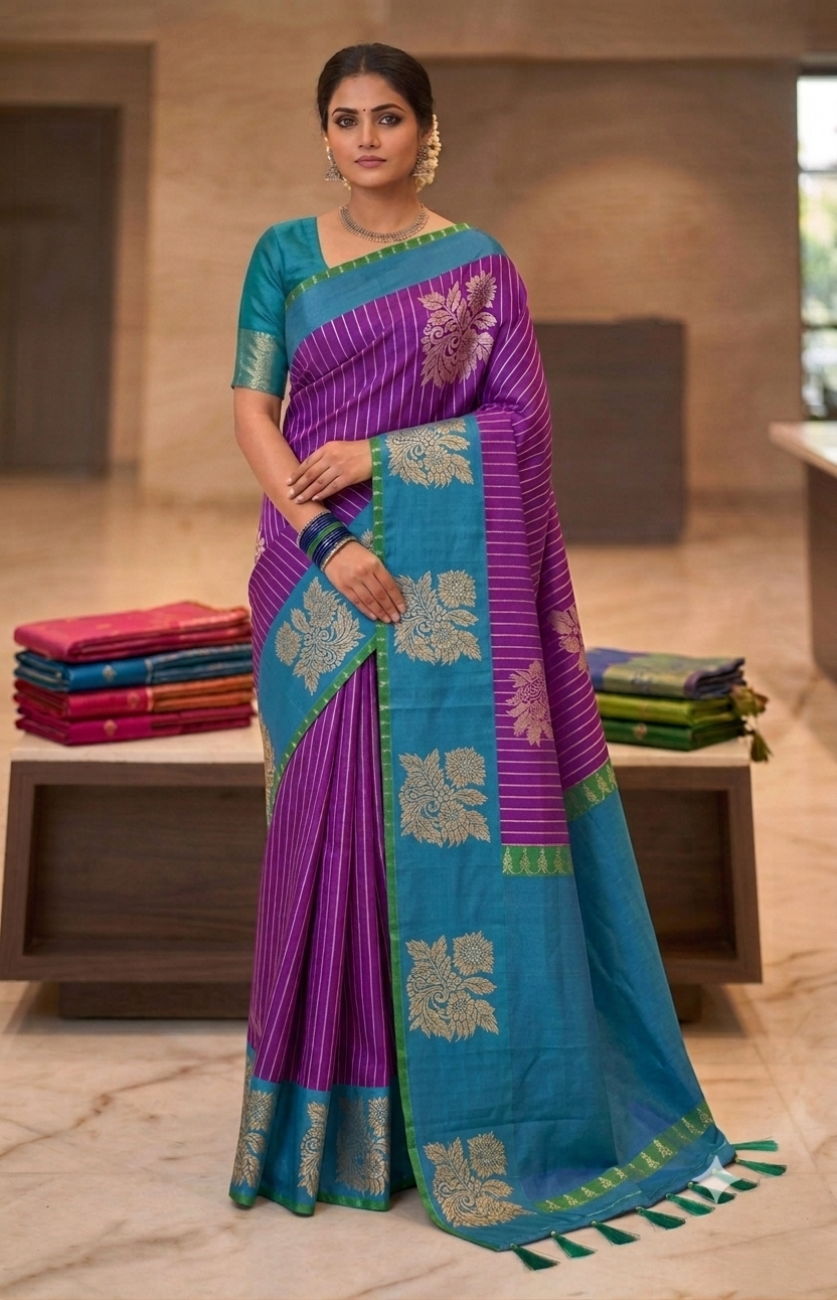 Purple and teal blue color luxuary silk saree