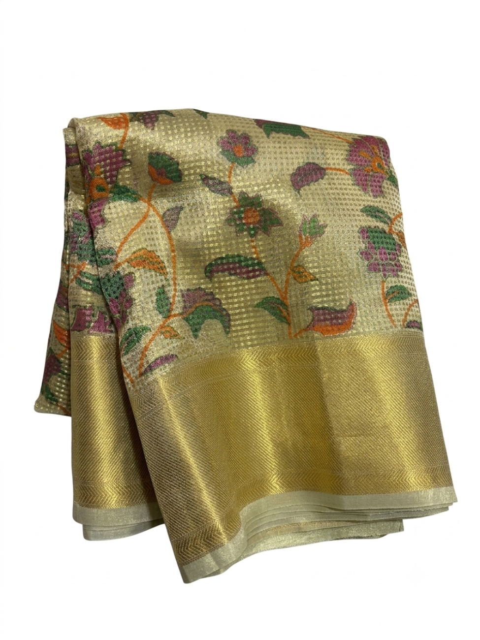 Metalic gold with green color banarasi soft printed tissue silk saree