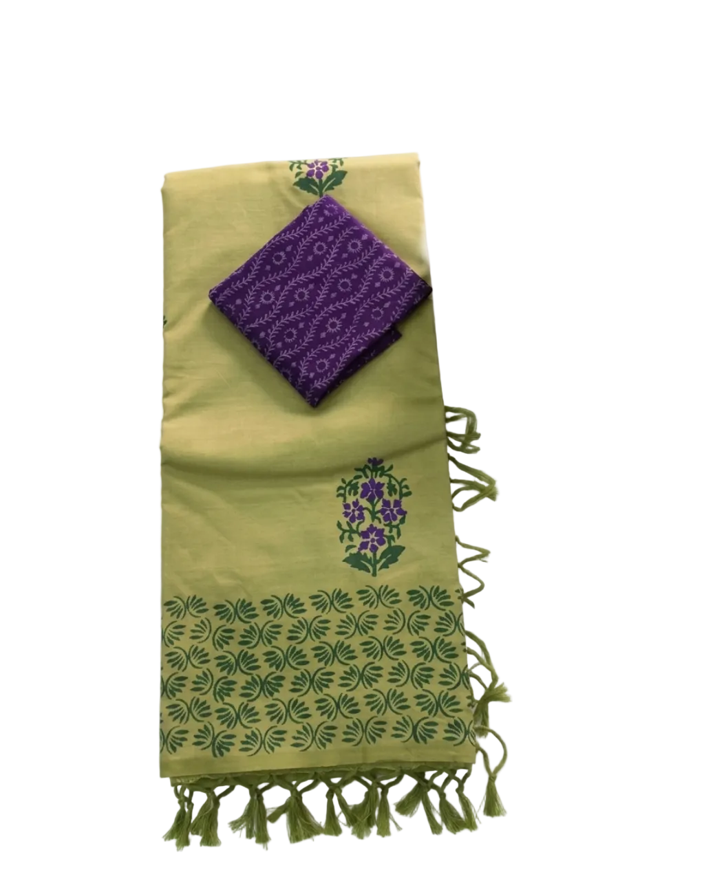 Light pista green with green and violet  floral print south cotton saree
