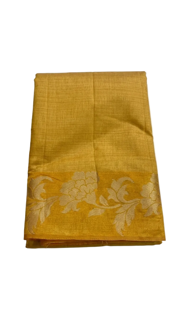Mustard yellow with golden color floral design tussar silk saree