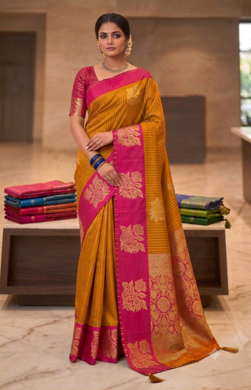 Mustard gold with rani pink luxuary silk saree