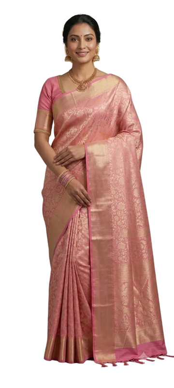Baby pink with metalic zari work banarasi silk saree