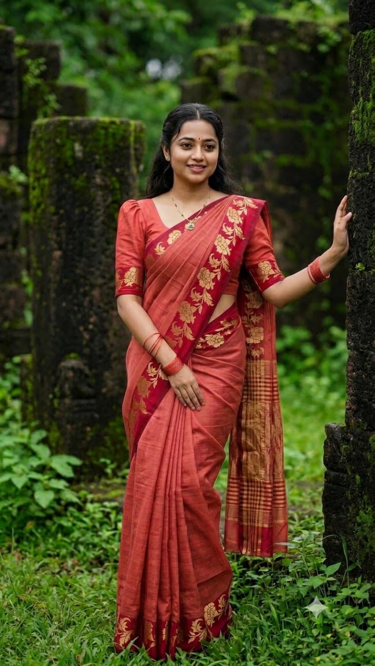 Red color with golden floral design tussar silk saree