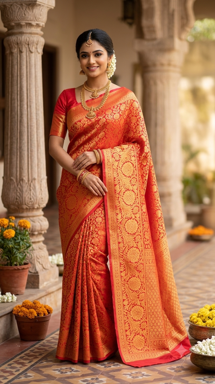 Red With Gold Zari Semi Kanchipuram Silk Saree