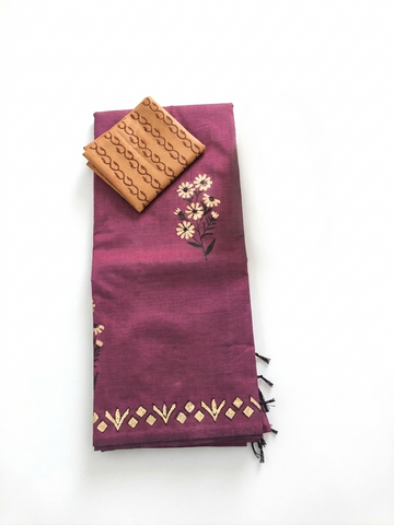 Plum wine with beige color floral print south cotton saree
