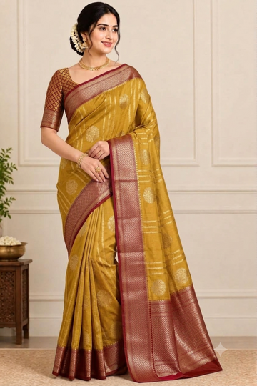 Mustard yellow with maroon color banarasi soft dupion silk saree