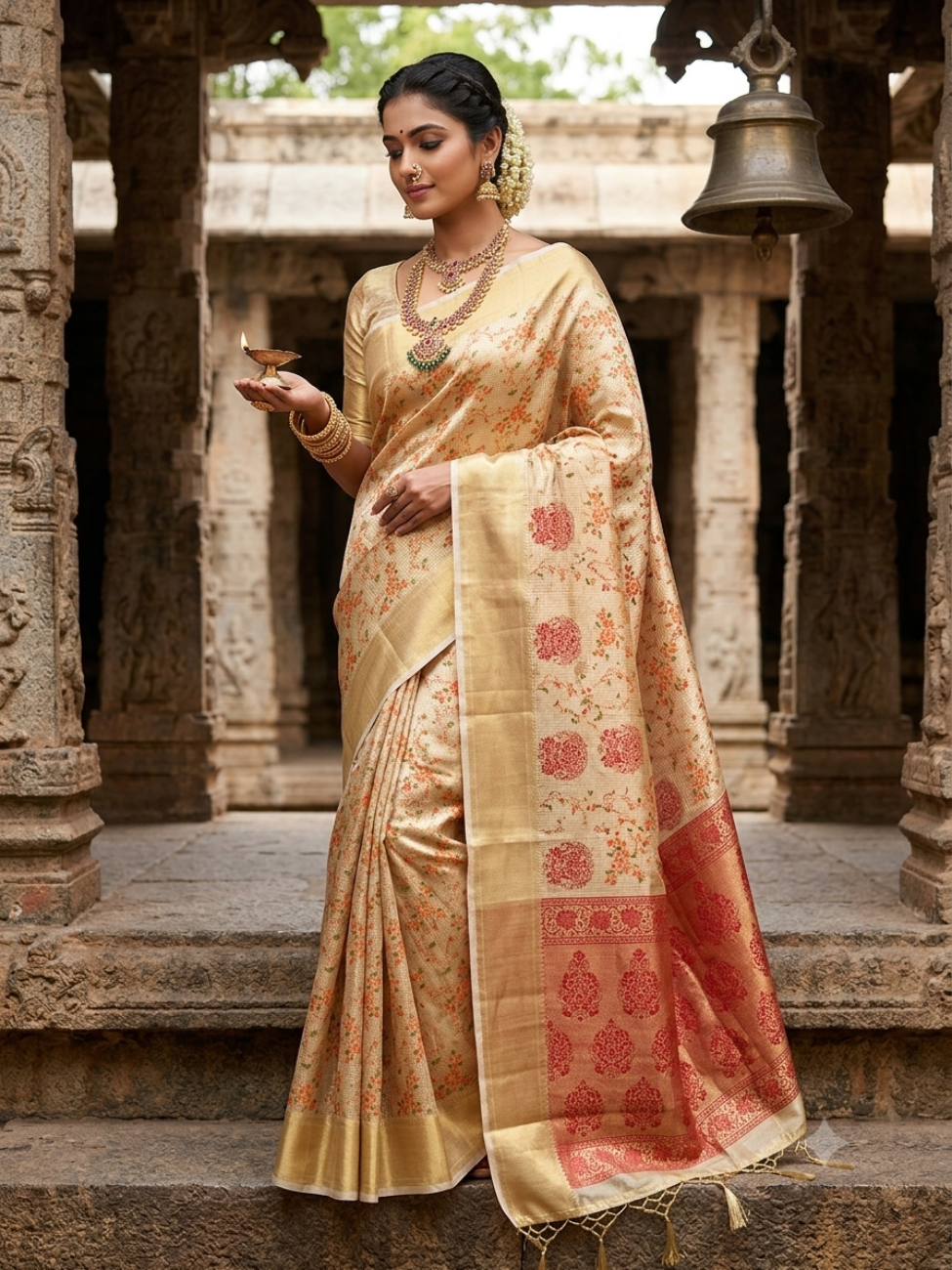 Metalic Gold With Red color work banaras soft printed tissue silk saree