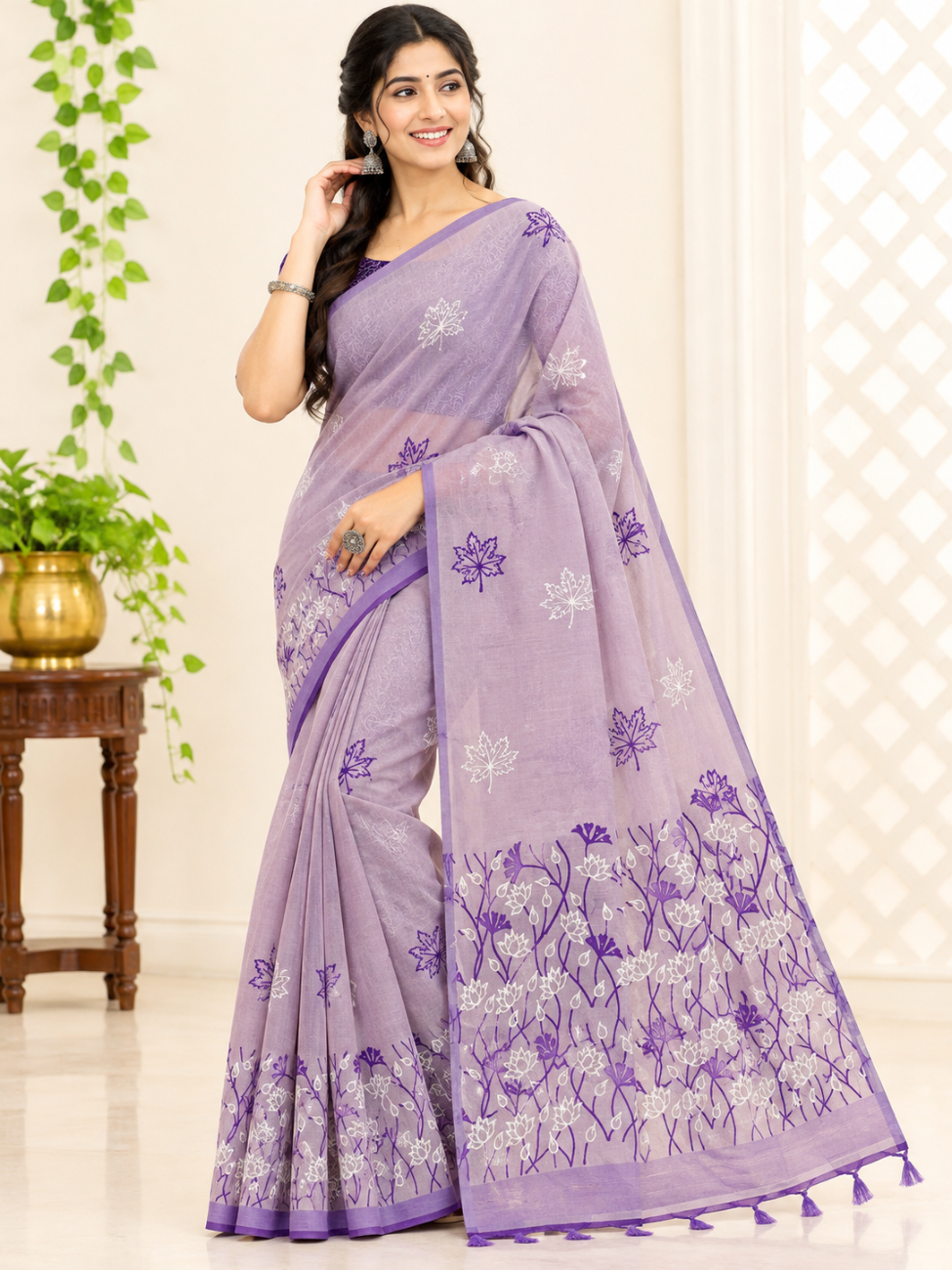 Lavender with Purple Floral Printed south Cotton Saree