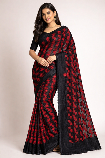 BLACK AND RED COLOR KOTA DORIA MIXED COTTON SAREE