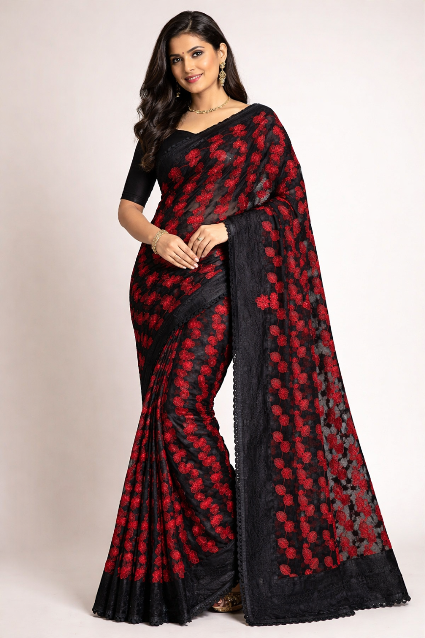 BLACK AND RED COLOR KOTA DORIA MIXED COTTON SAREE