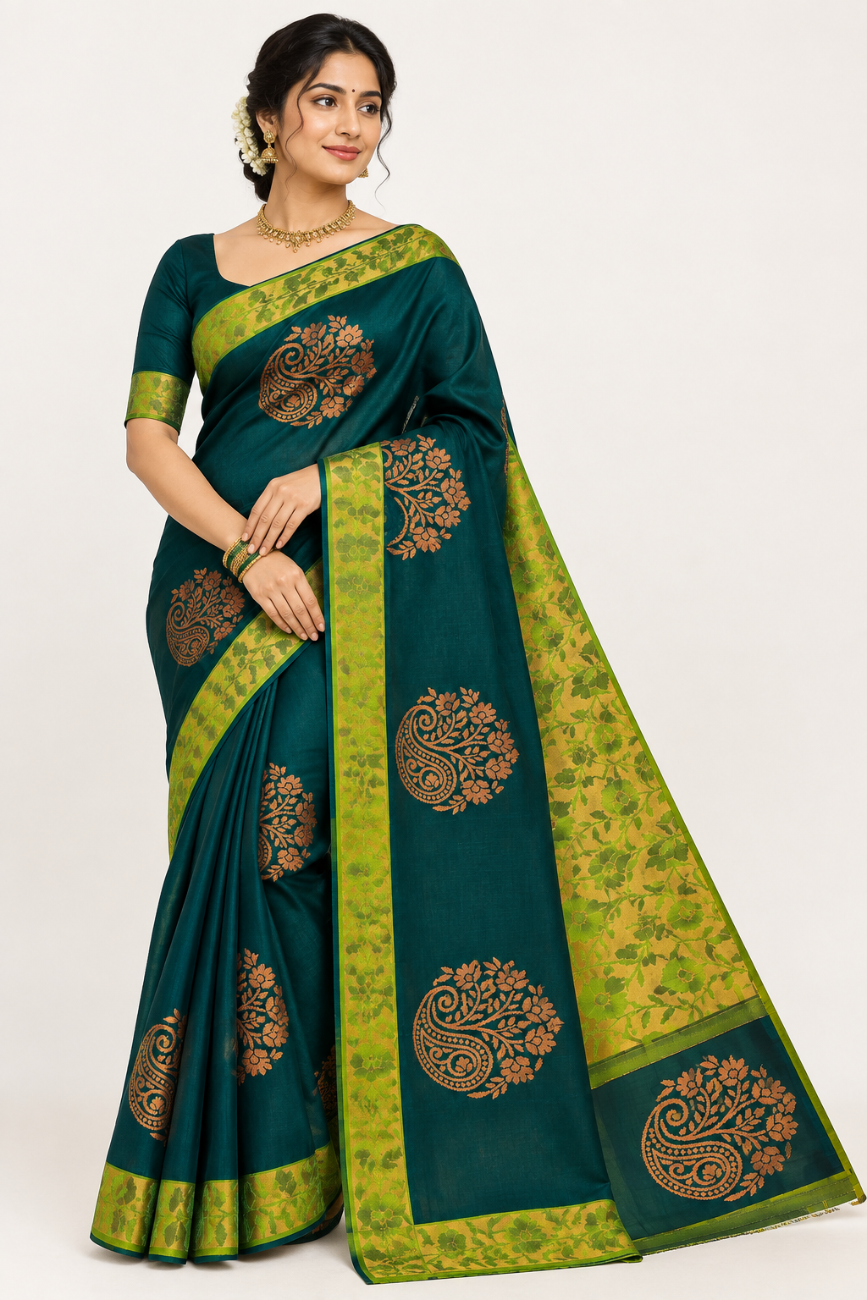 Dark Green with Copper Gold soft silk saree