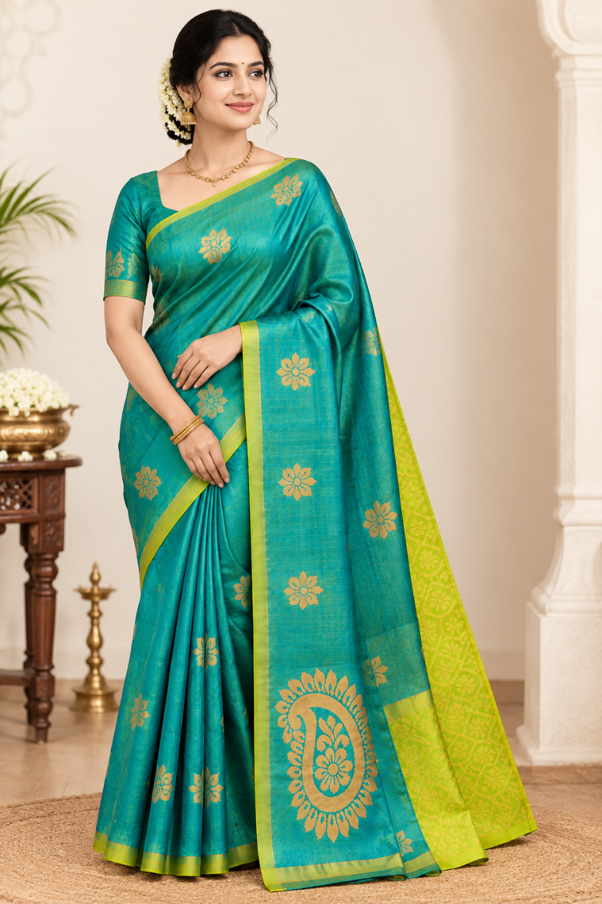 Teal Green with Golden zari Soft Silk saree