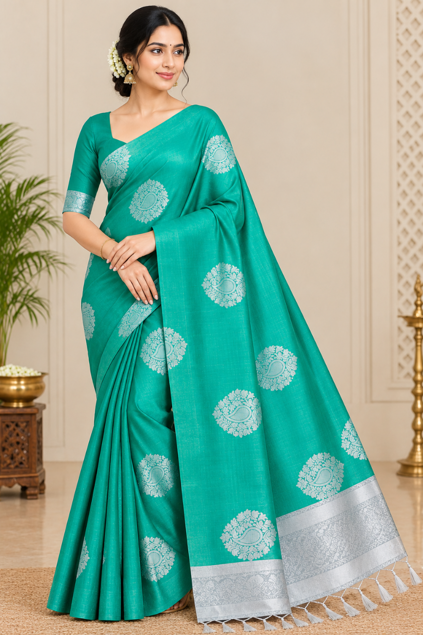 Teal Green with Silver Soft Silk Saree