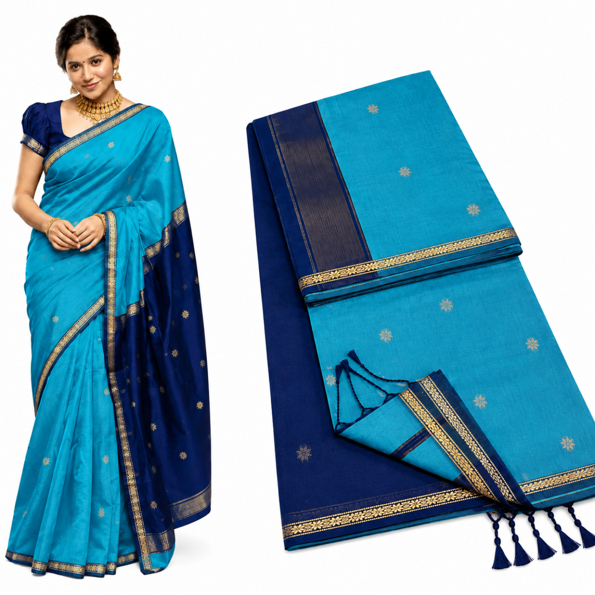 SKY BLUE WITH NAVY BLUE MAHESWARI COTTON SAREE