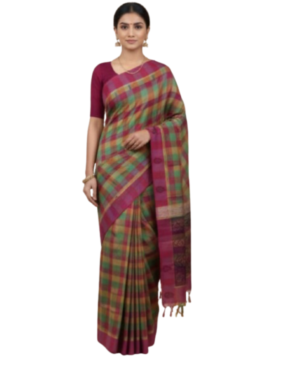 PINK WITH GREEN CHECKED NEGAMAM COTTON SAREE