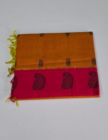 Mustard Yellow with Pink Negamam Cotton Saree