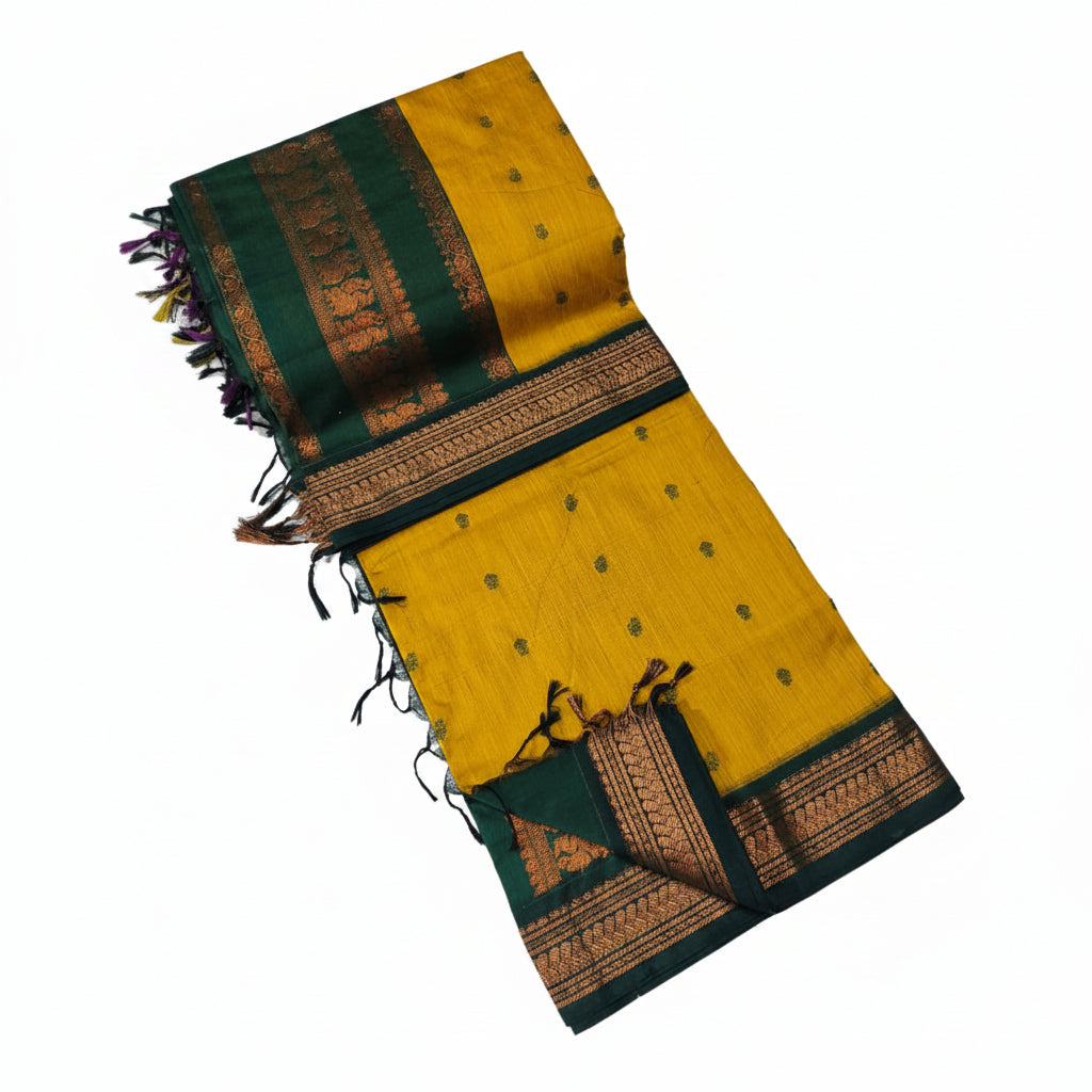 YELLOW WITH BOTTLE GREEN COLOR KALYANI COTTON SAREE