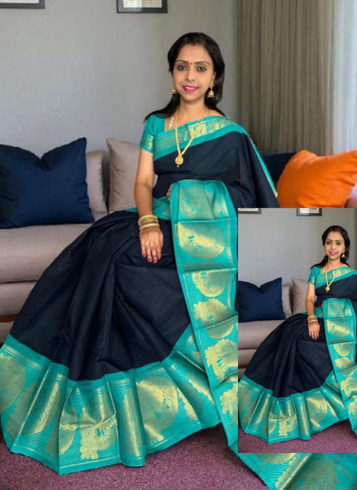 Dark blue with Ramar green Mayuri Cotton Saree