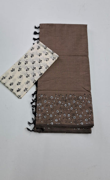 BROWN COLOR WITH WHITE FLORAL PRINT SOUTH COTTON SAREE