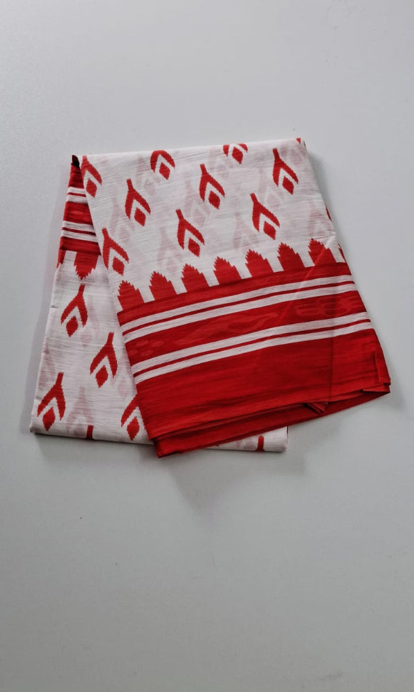 WHITE WITH RED MULMUL COTTON SAREE